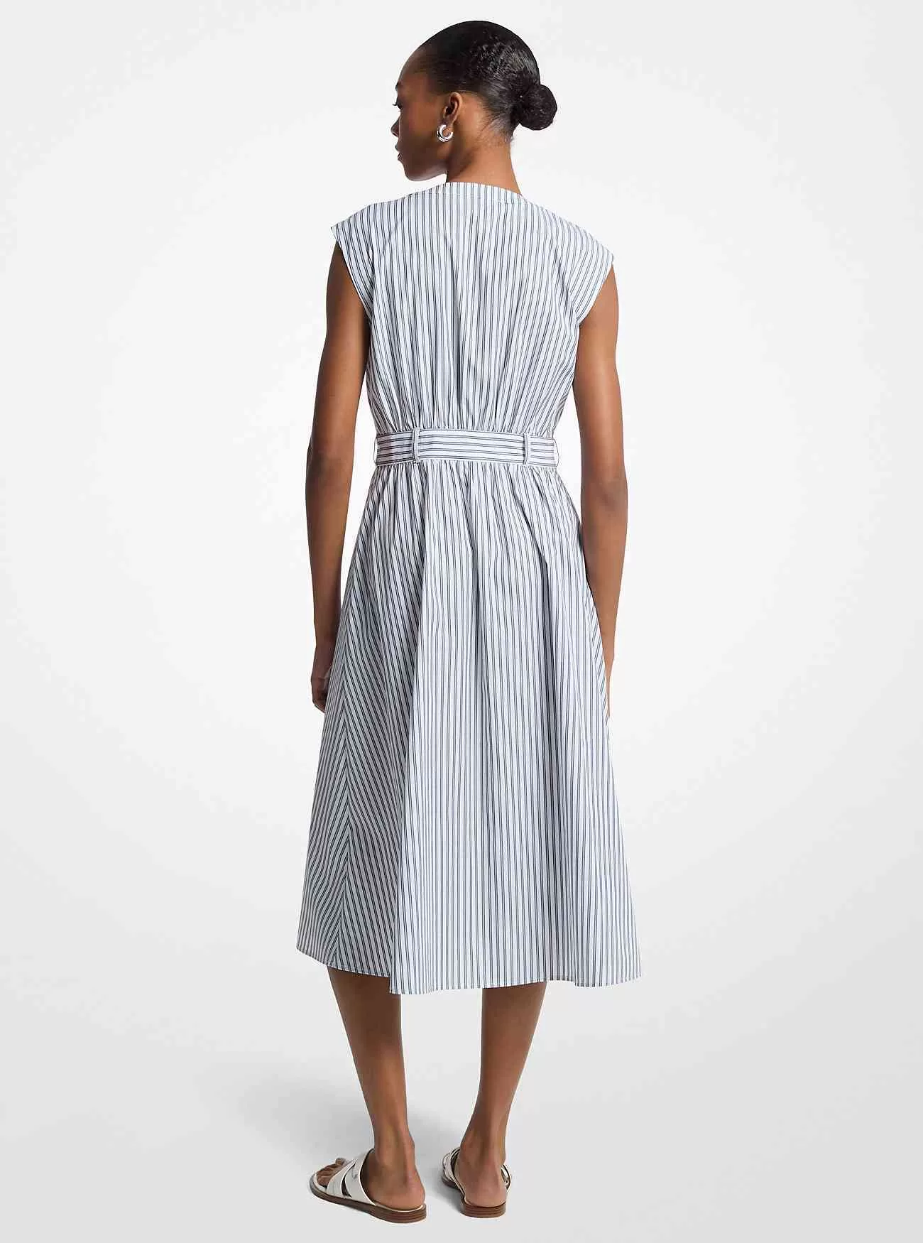 Abito midi con cintura in popeline di cotone a righe