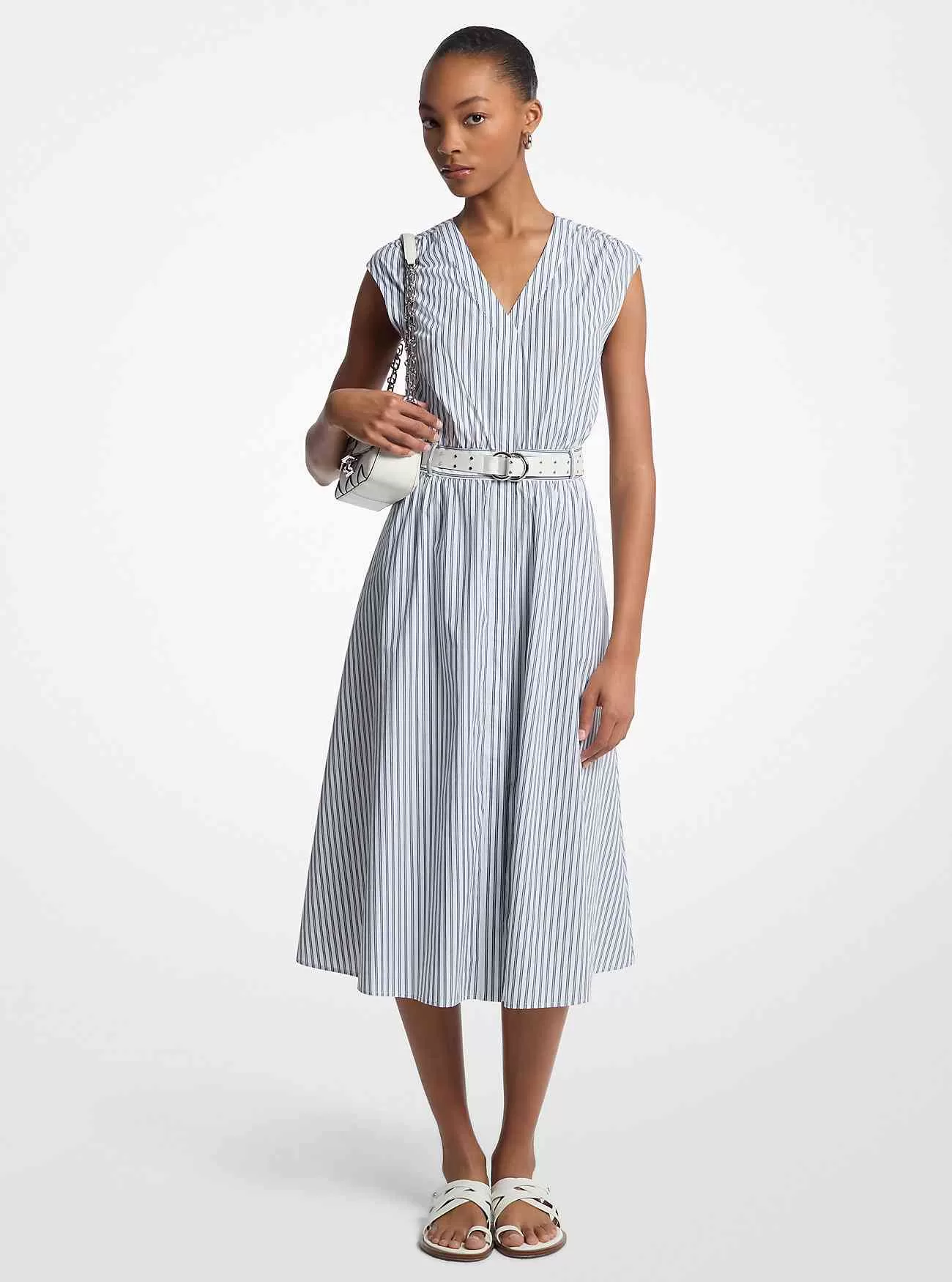 Abito midi con cintura in popeline di cotone a righe