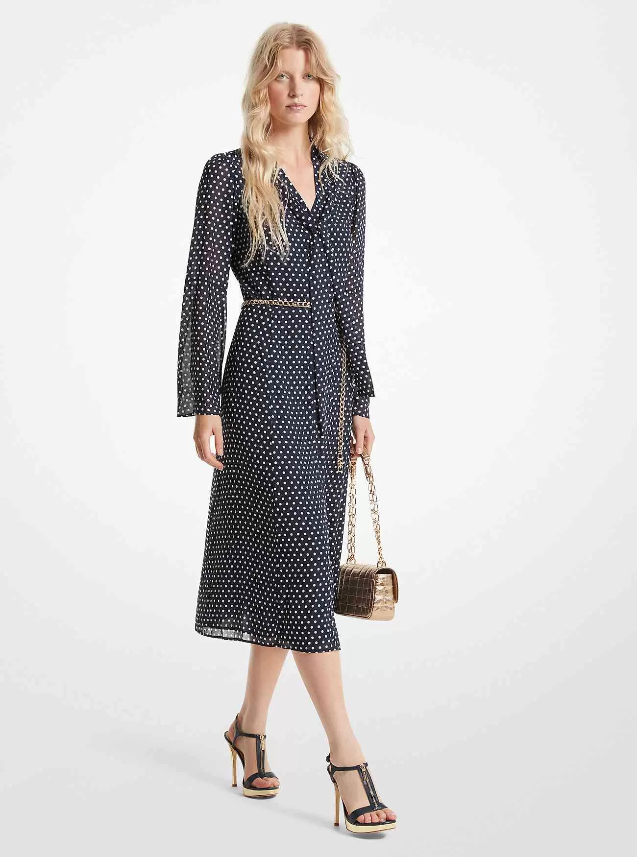 Abito midi con collo allacciato in georgette a pois