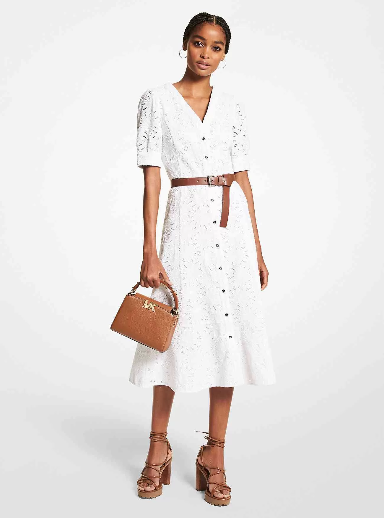 Abito midi in cotone con occhielli di palma