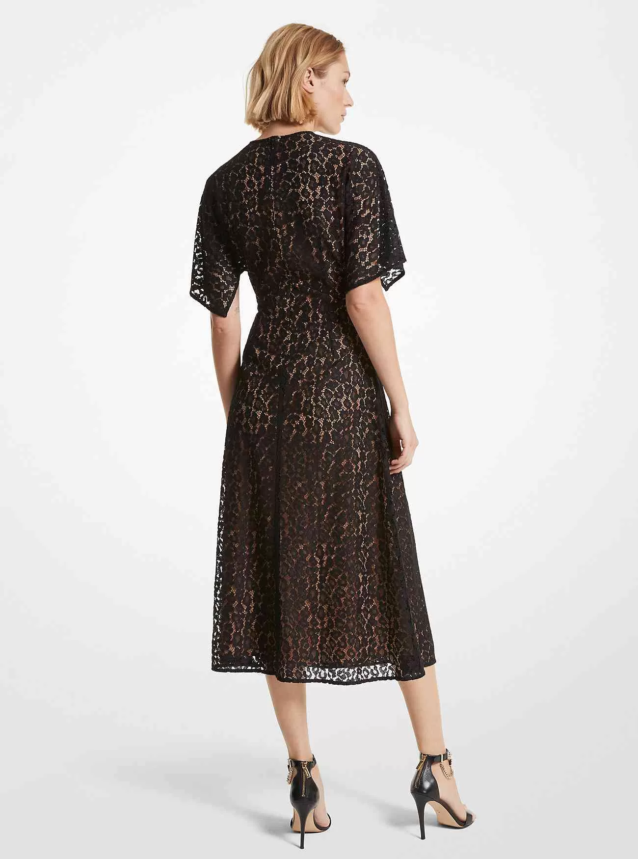 Abito midi in pizzo con cordoncino leopardato