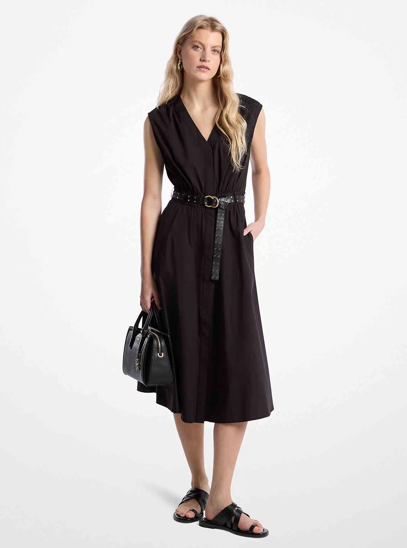 Abito midi in popeline di cotone stretch con cintura