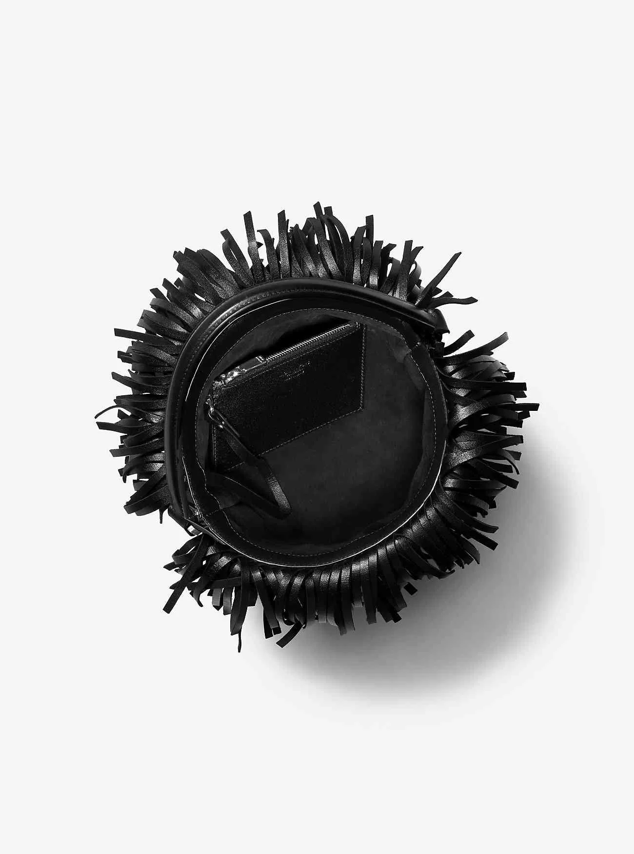 Borsa a secchiello Salerno in pelle di vitello intrecciata con frange