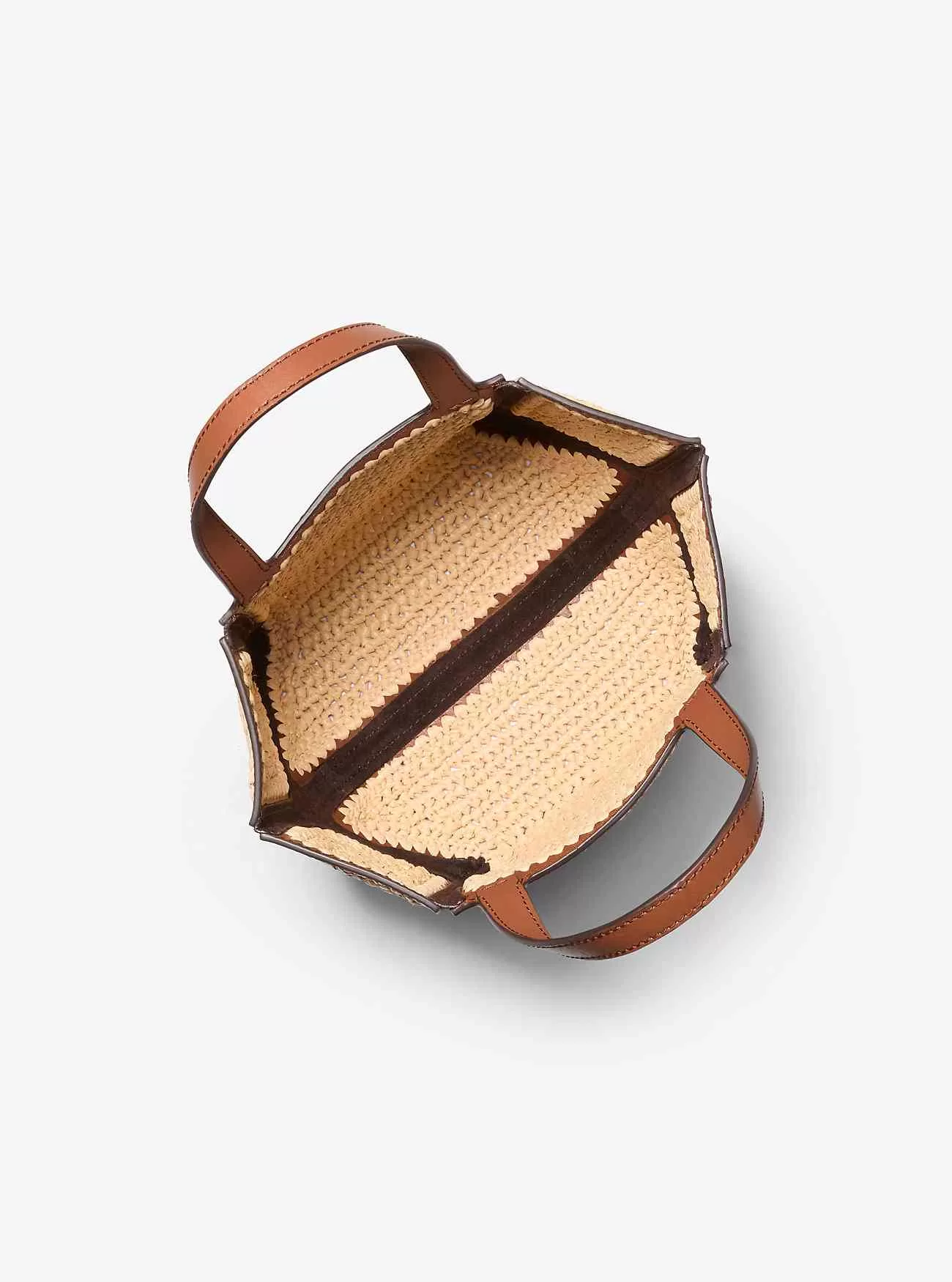 Borsa tote piccola Jordi in paglia e pelle lavorata a mano all’uncinetto