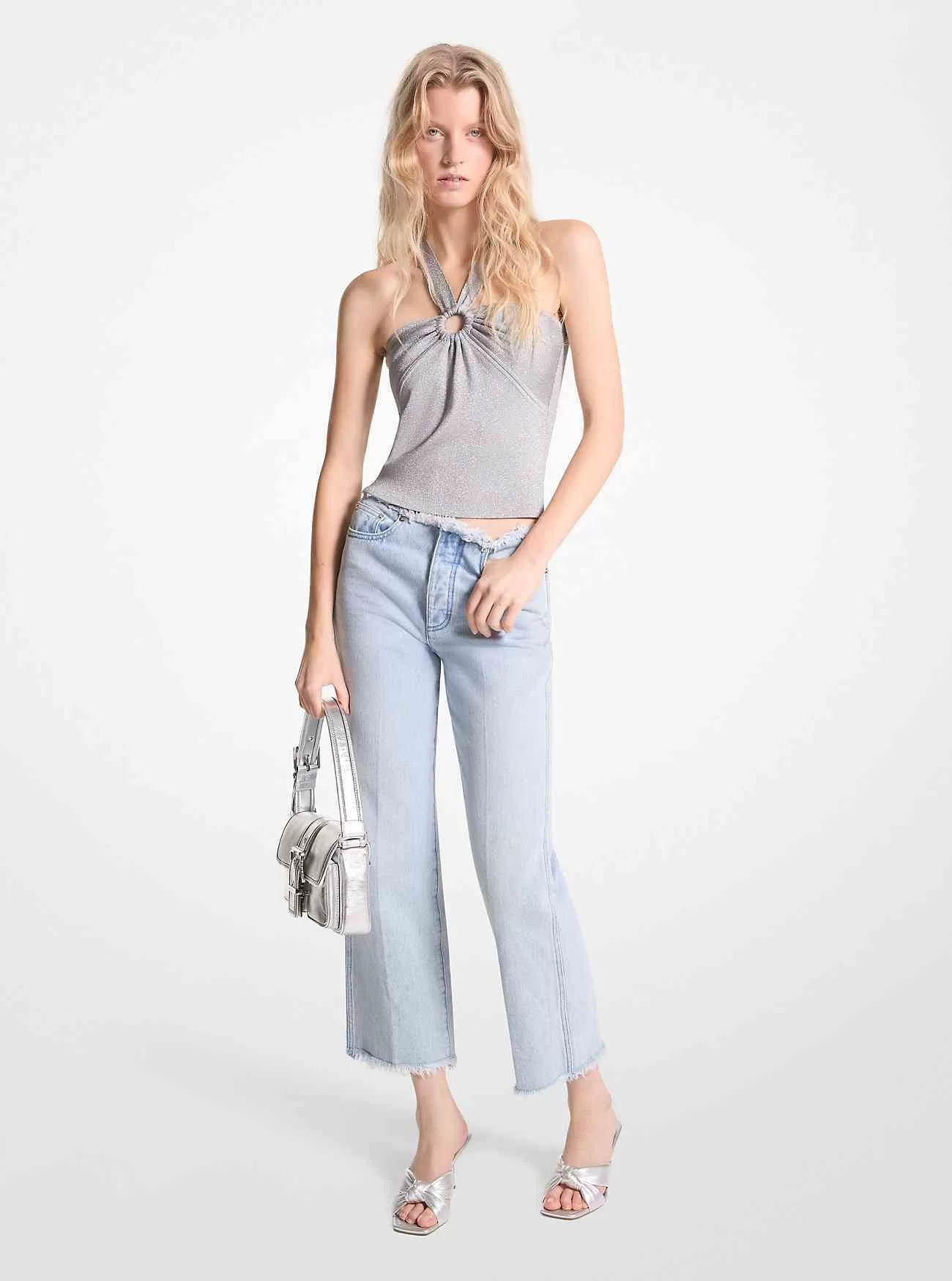 Canotta con scollo all’americana in maglia elasticizzata metallizzata