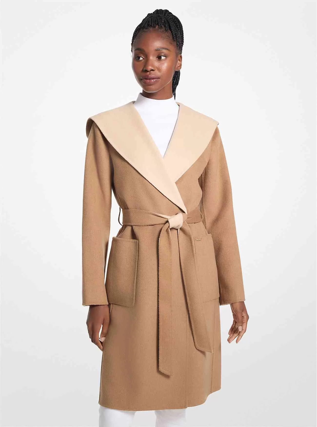 Cappotto avvolgente con cappuccio in misto lana bicolore