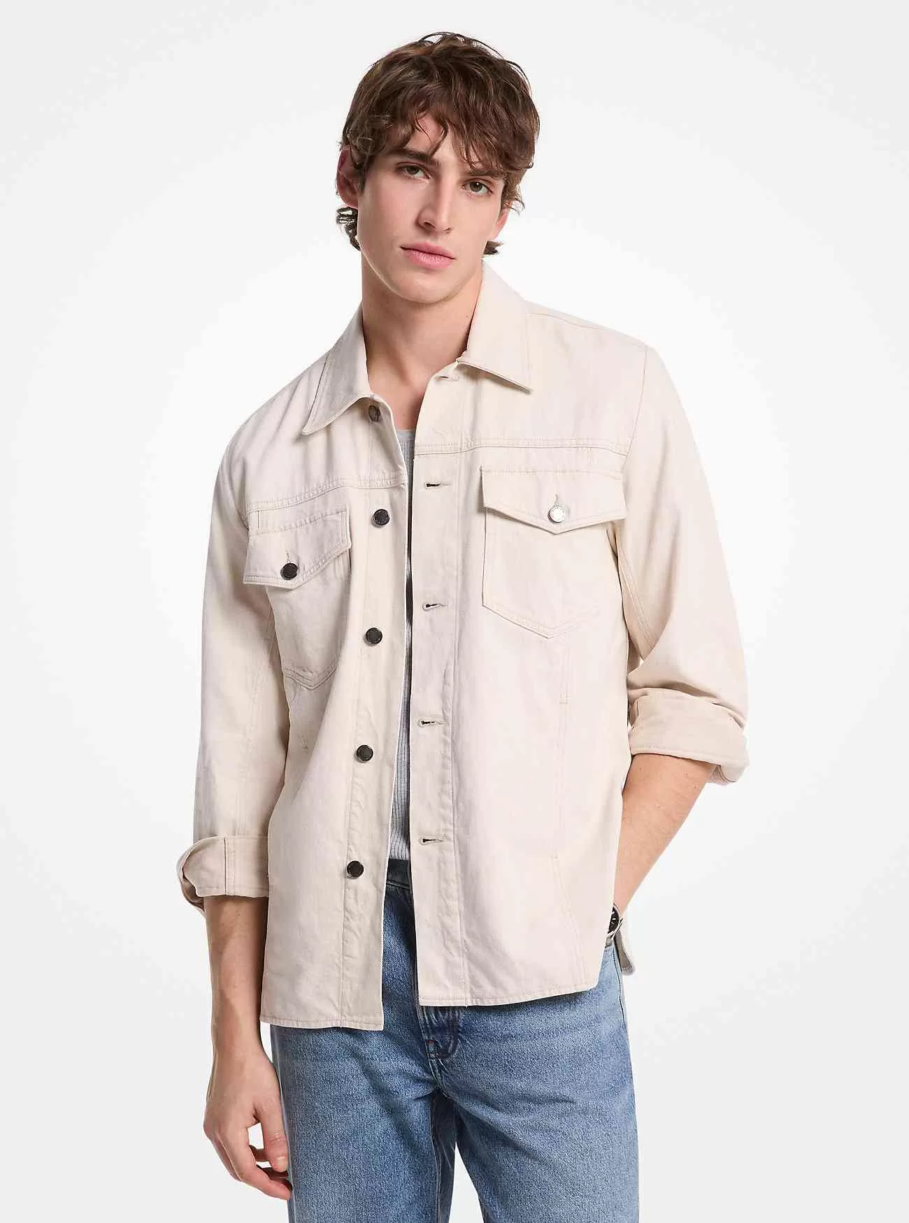 Giacca camicia in denim di misto cotone e lino