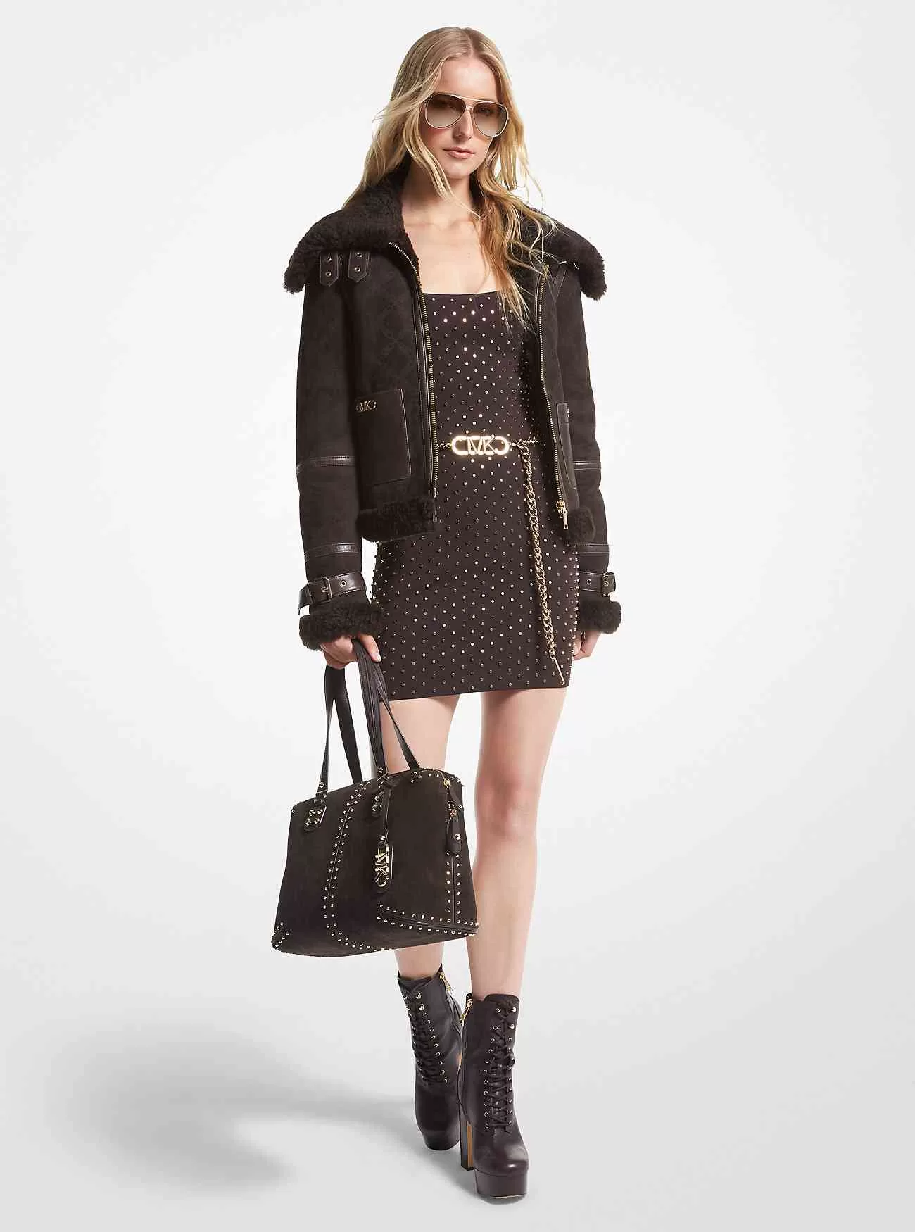 Giacca da volo in pelle scamosciata e shearling con logo Impero in rilievo