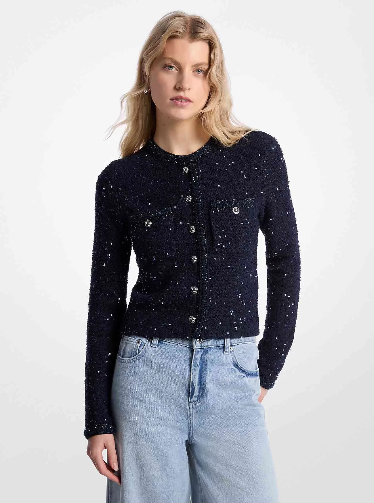 Giacca in maglia elasticizzata metallizzata con paillettes