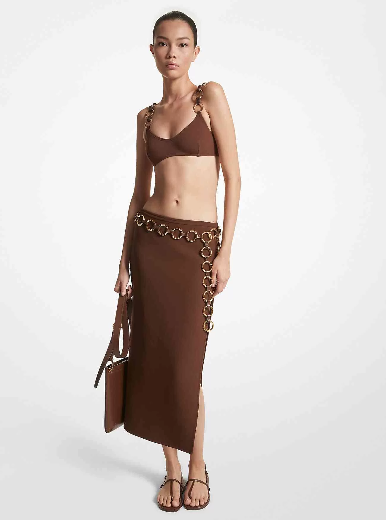 Gonna con spacco ad anelli in doppio crêpe stretch