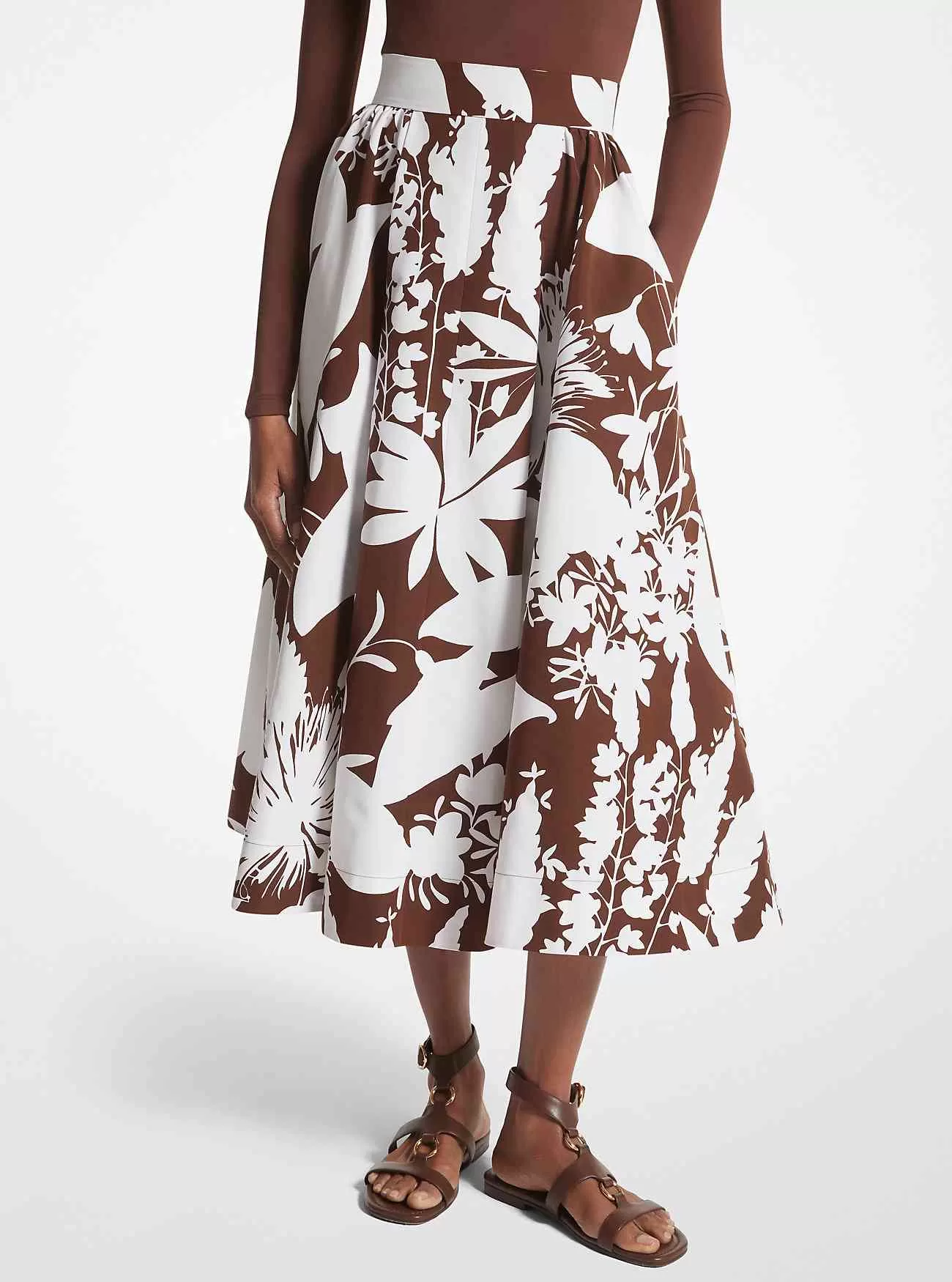 Gonna in faille di cotone e seta con motivi floreali ombra