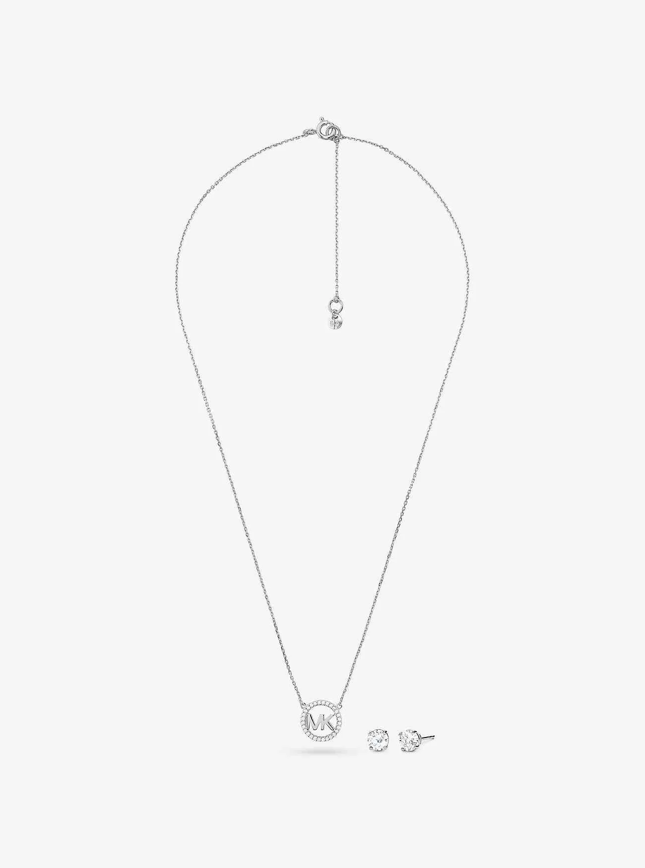 Set con collana e orecchini a bottone in argento sterling placcato oro rosa 14 carati con logo pavé