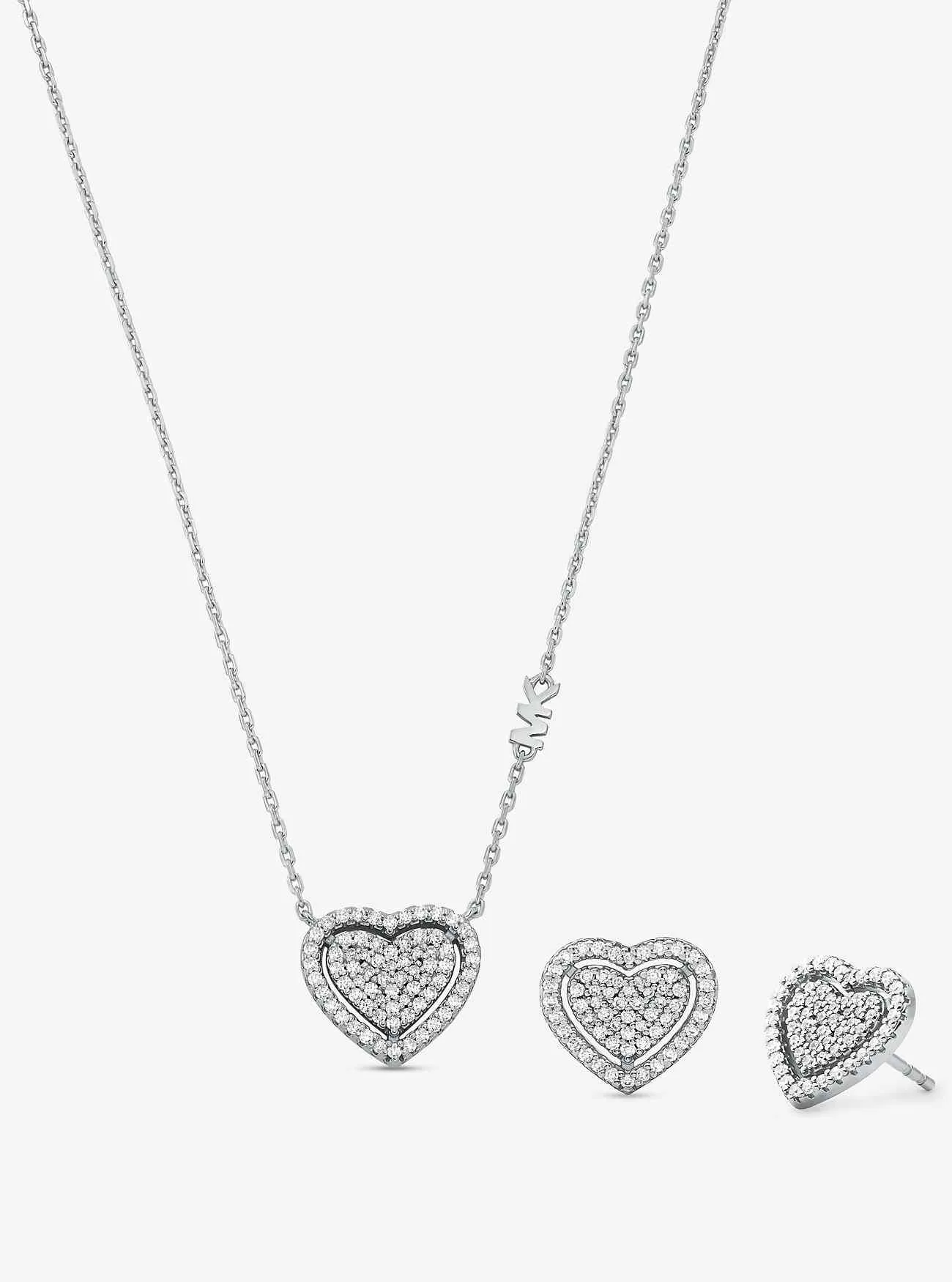 Set regalo con collana e orecchini a forma di cuore in argento sterling placcato in metallo prezioso con pavé