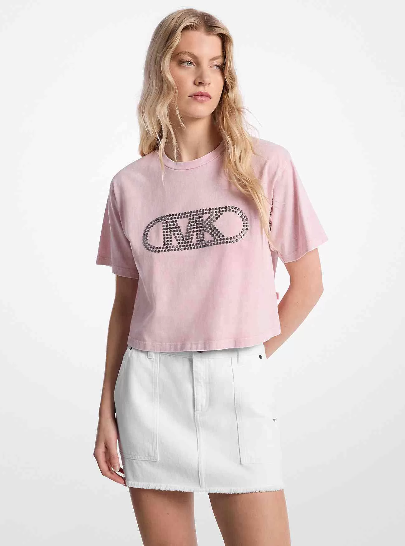 T-shirt corta in cotone tinto in capo con borchie